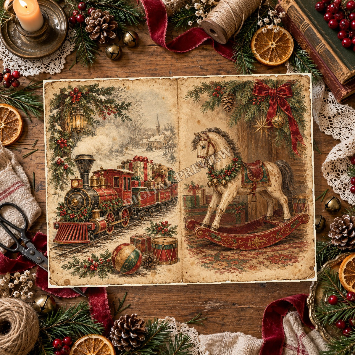 Vintage Christmas toys spread on a warm craft table, generic watermark