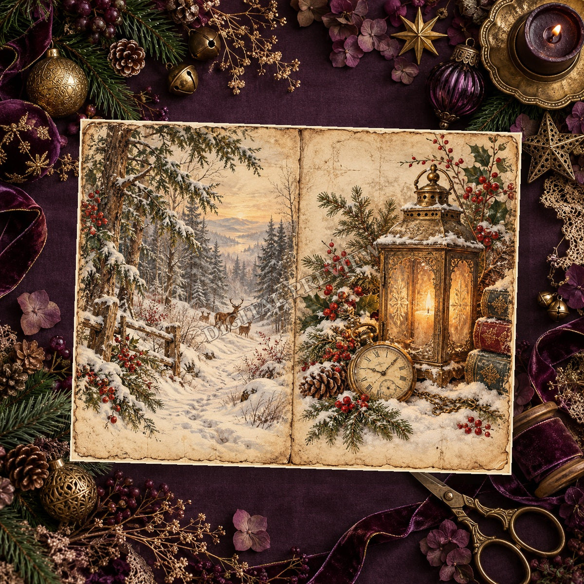 Winter forest spread on a plum Christmas craft desk, generic watermark