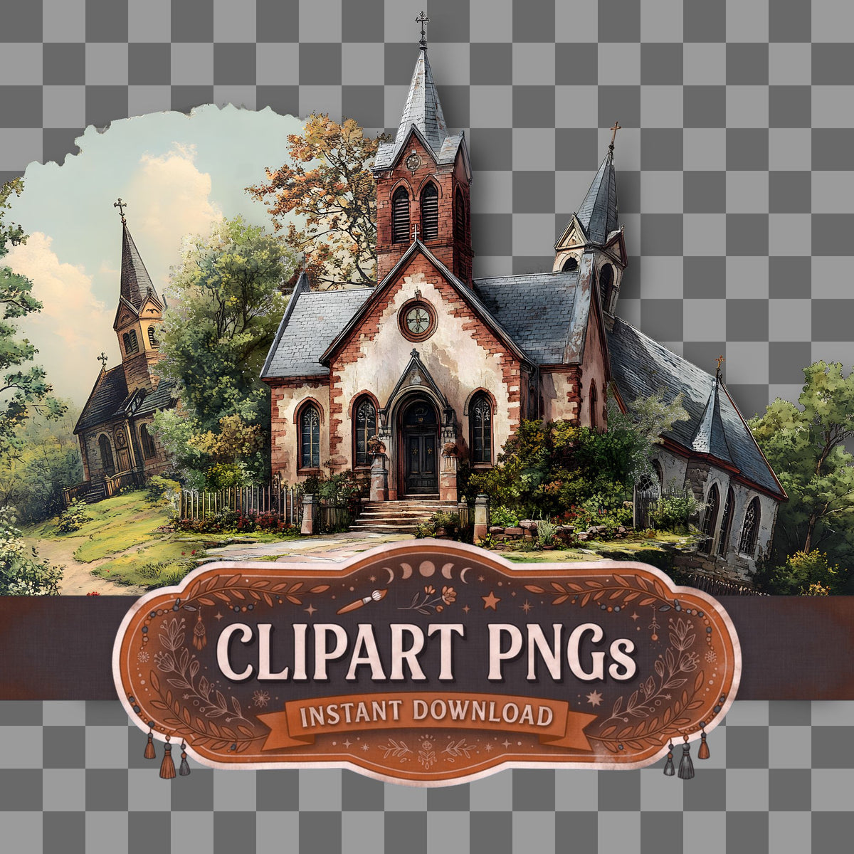 Church Vintage Style Clipart Pngs