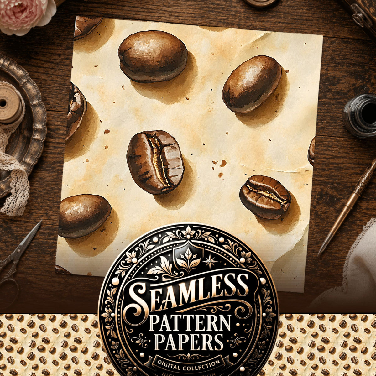 Coffee seamless pattern digital papers, cover preview