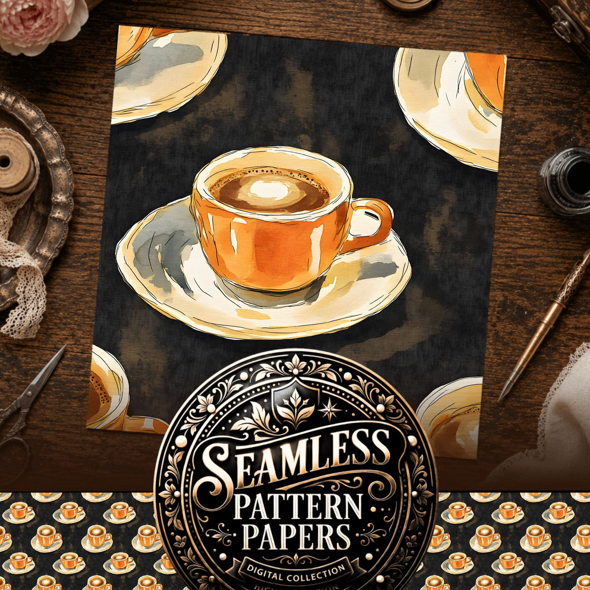 Coffee seamless pattern digital papers, cover preview