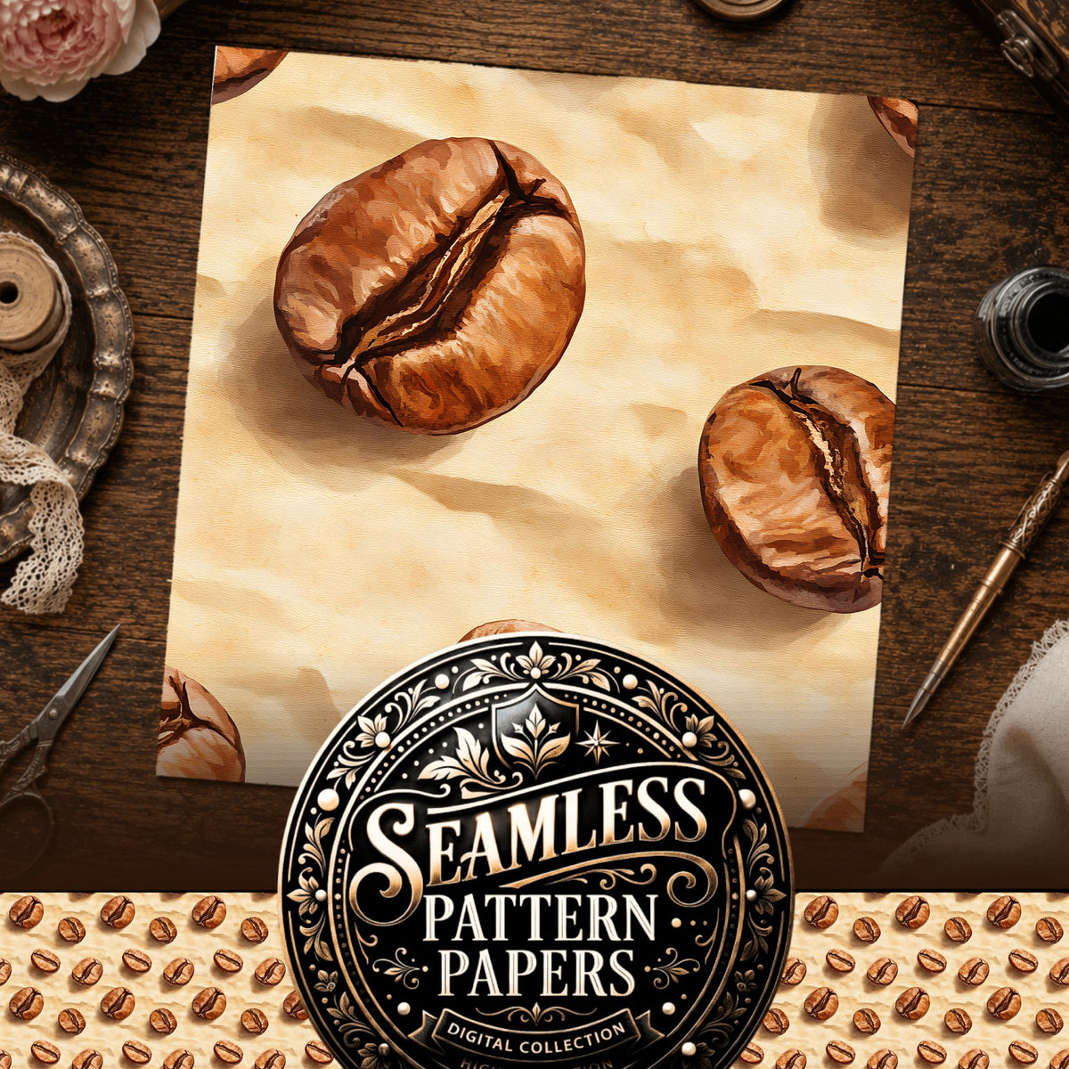 Coffee seamless pattern digital papers, cover preview