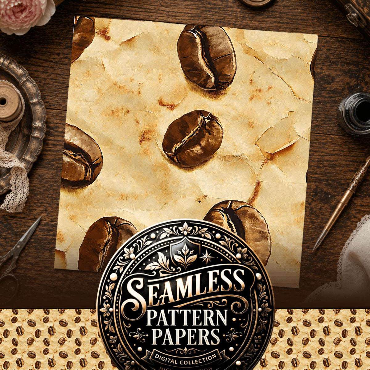 Coffee seamless pattern digital papers, cover preview