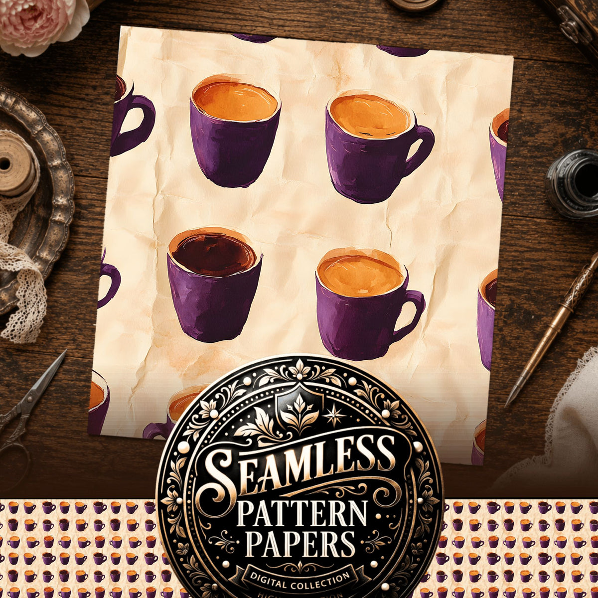 Coffee seamless pattern digital papers, cover preview
