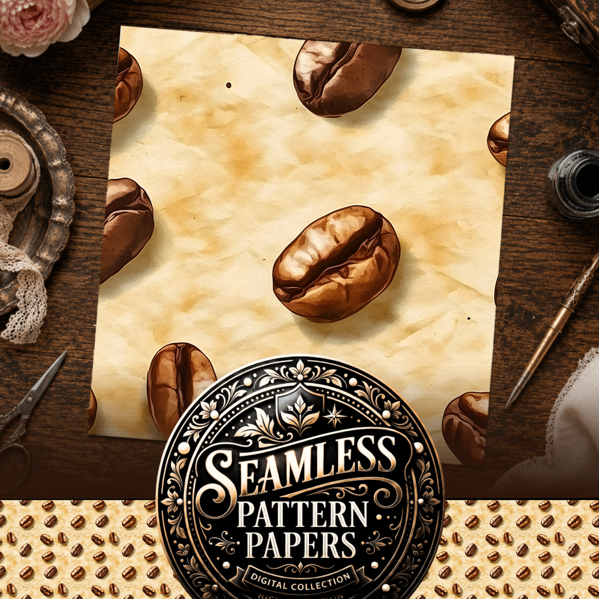 Coffee seamless pattern digital papers, cover preview