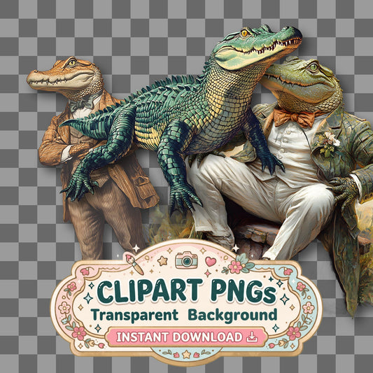 Crocodile Vintage Style Clipart Pngs