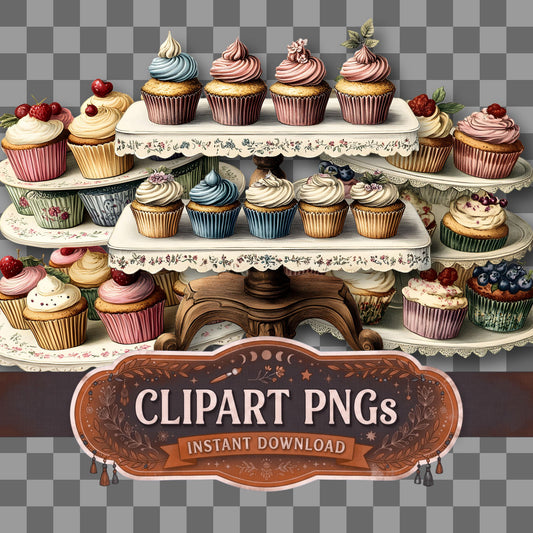Cupcake Stand Vintage Style Clipart Pngs