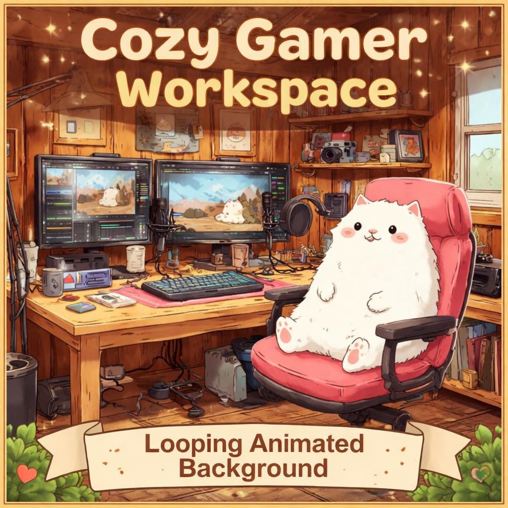 Cozy cat streaming background loop | Cute anime kawaii ambience | Lofi desk scene video for streamers and VTubers