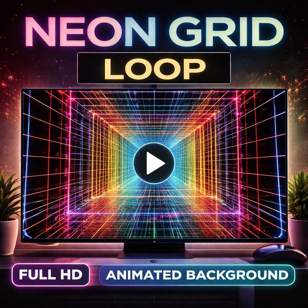 Neon grid tunnel loop video | Cyberpunk animated background, city neon loop, retro grid video | VJ, streams, overlays, screens