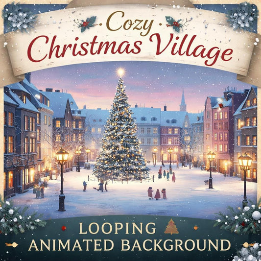 Christmas background loop | Cozy winter town square animated video | Snowy ambience scene for holiday projects