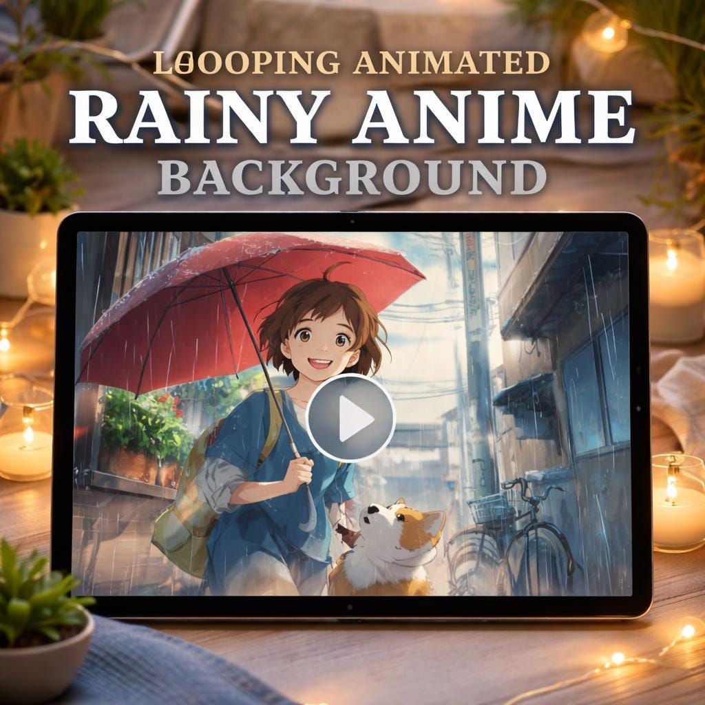 Anime Rain Background Loop | Cozy ambience animated video with girl and corgi | Seamless loop for streams, overlays, screens