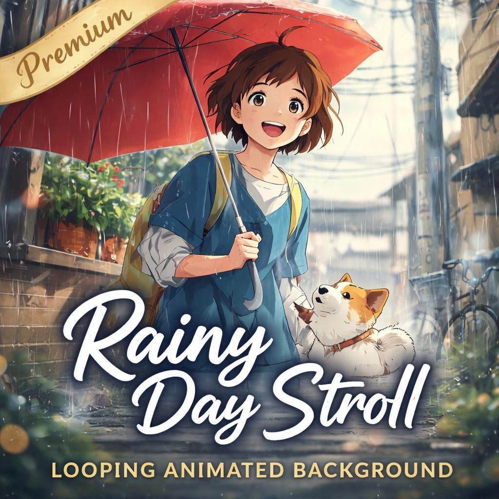 Anime Rain Background Loop | Cozy ambience animated video with girl and corgi | Seamless loop for streams, overlays, screens