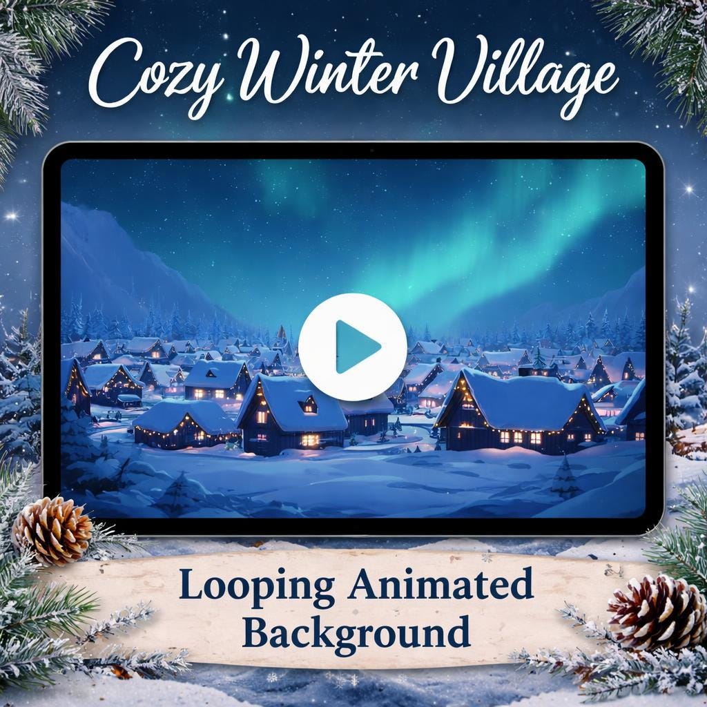 Northern Lights Winter Village Loop | Cozy snow animated background | Christmas ambience video for decor, streams, parties