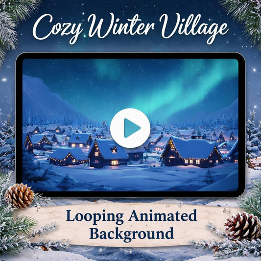 Northern Lights Winter Village Loop | Cozy snow animated background | Christmas ambience video for decor, streams, parties