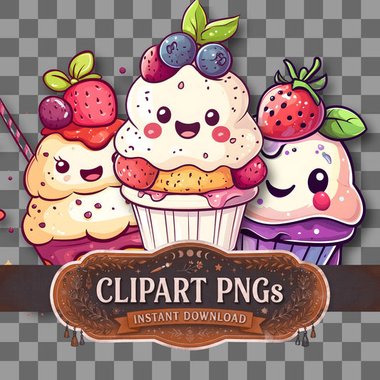 Dessert Kawaii Style clipart with transparent background, digital download cover