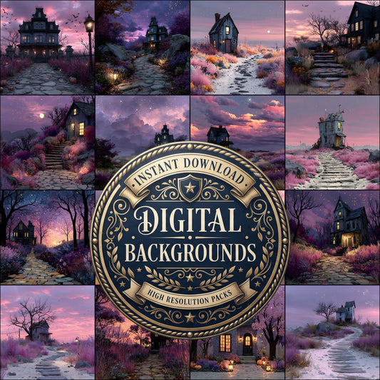 Detailed Haunted House Scene Halloween digital photography backdrops, preview of the downloadable set