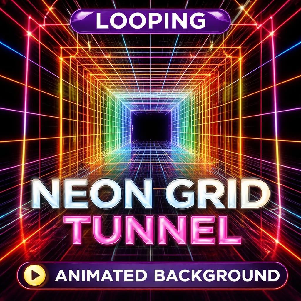 Neon grid tunnel loop video | Cyberpunk animated background, city neon loop, retro grid video | VJ, streams, overlays, screens