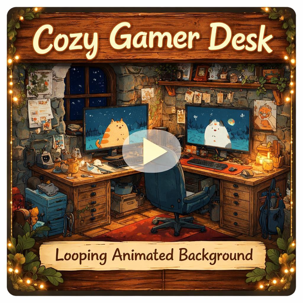Cozy cottage studio cat animation loop | cute anime kawaii background video | lofi cozy ambience for streams and study