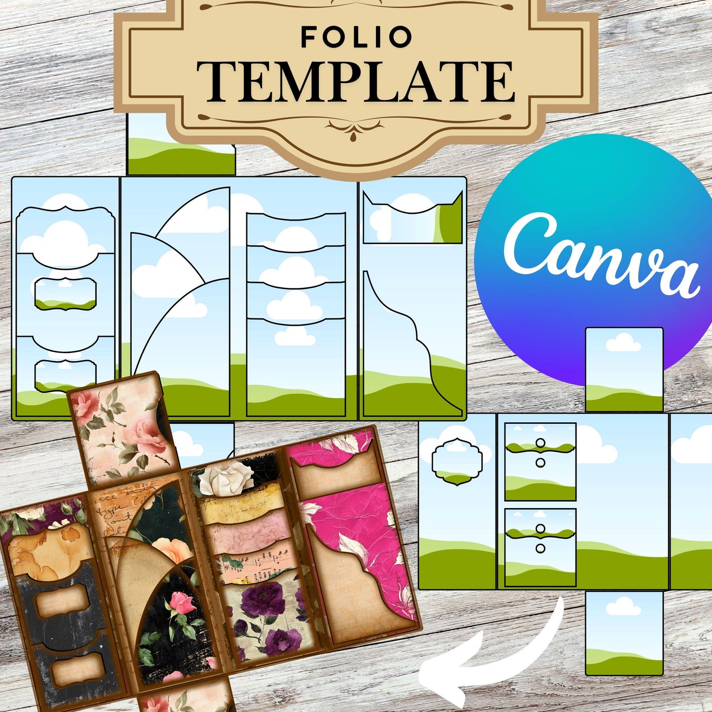 Canva Junk Journal Template - Folio Kit Canva Template - Custom Junk Journal Folio Kit - Digital Folding Folio Folder Kit, Commercial Use
