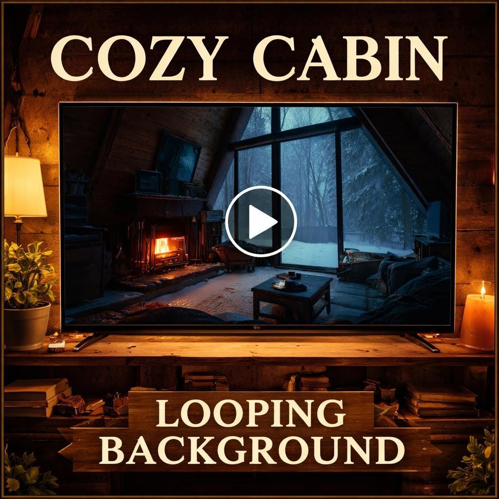 Cozy Cabin Fireplace Winter looping animated video background, preview thumbnail