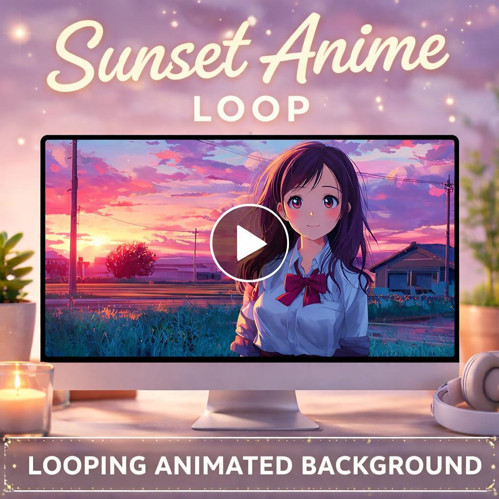 Anime Sunset Background Loop | Animated Girl Scene, Seamless Video | Kawaii Aesthetic, Streaming, YouTube, VJ, Overlay