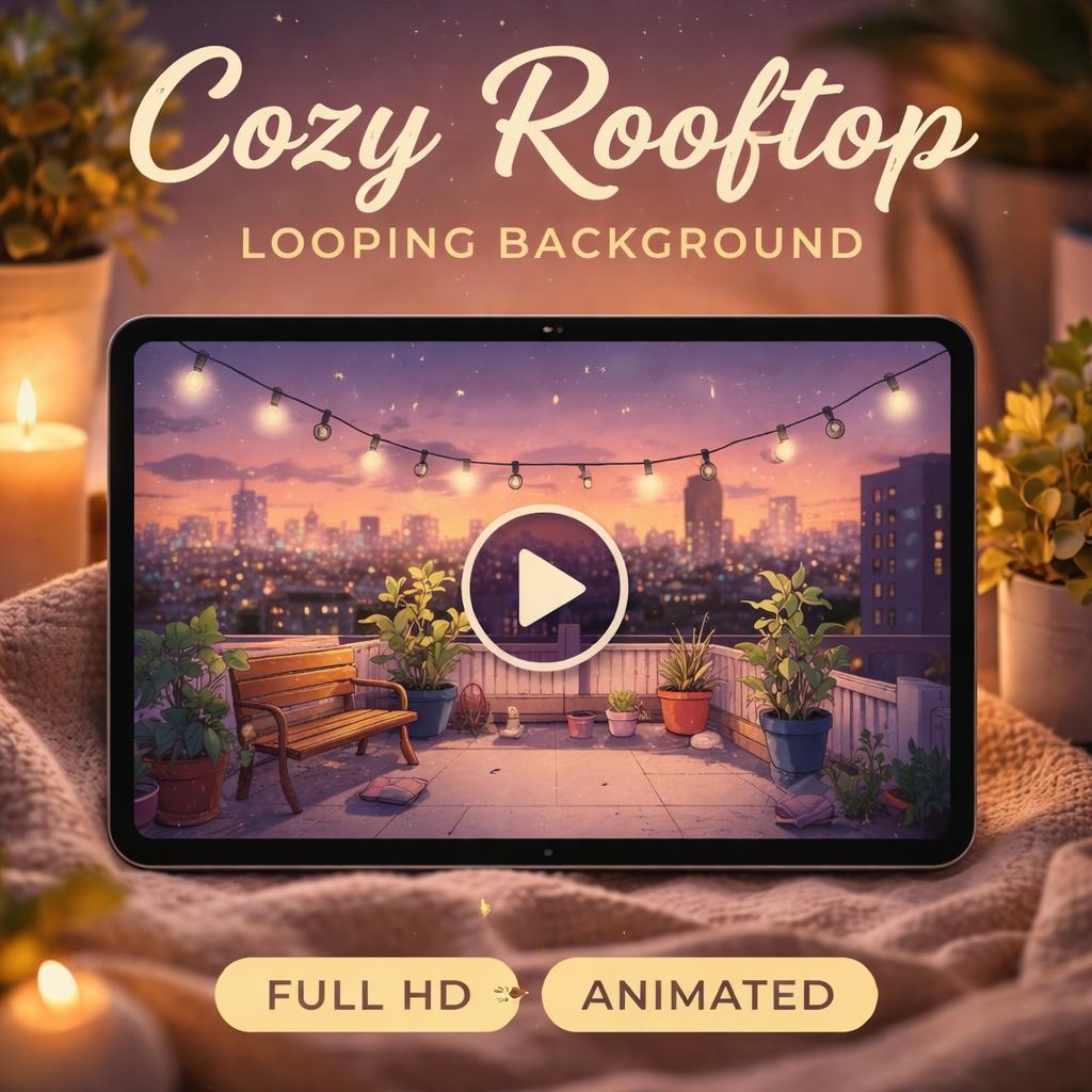 Animated City Rooftop Sunset Loop | Neon rain skyline background video | Anime & Kawaii stream, VTuber, overlay