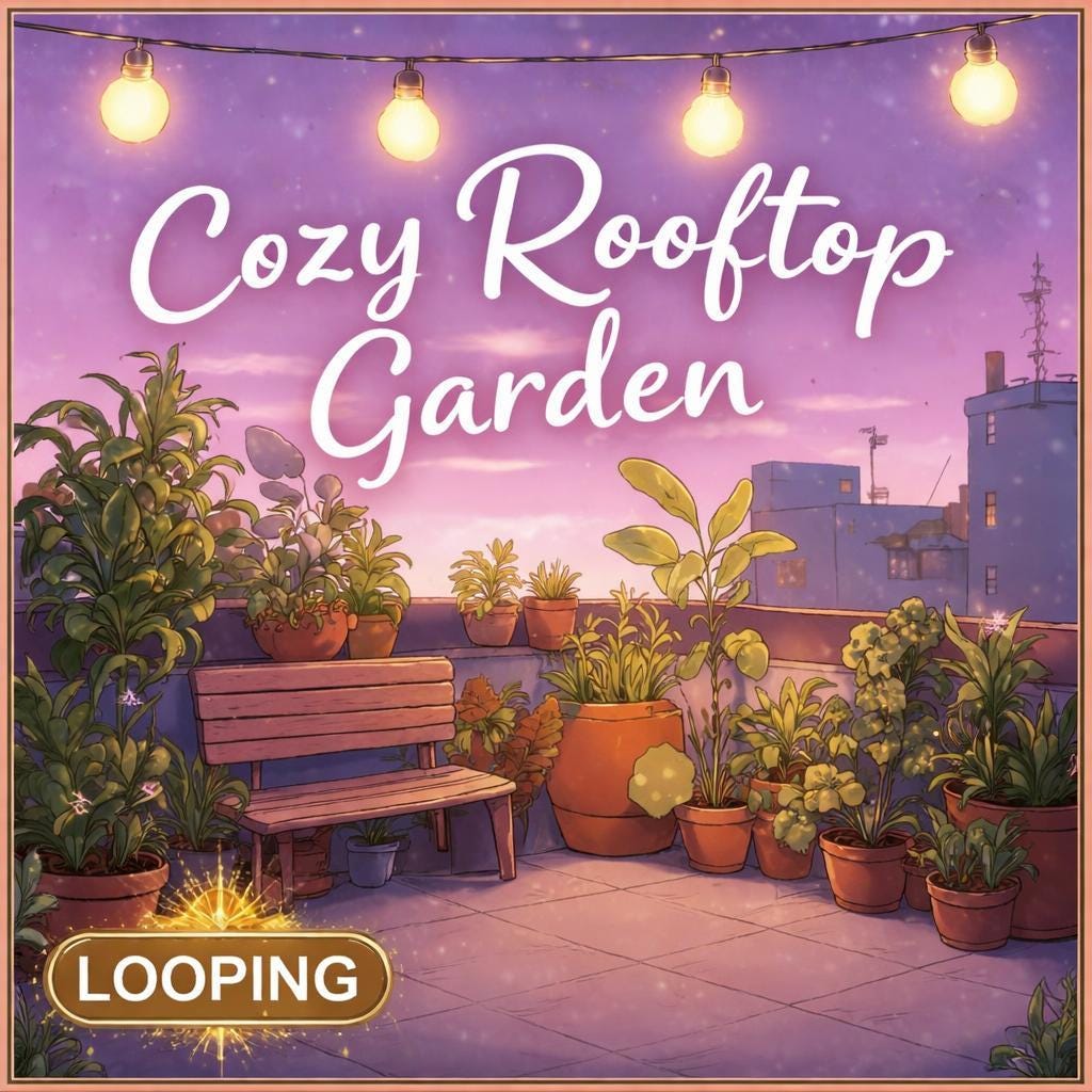 Cozy Rooftop Garden Loop Animation | Anime Kawaii aesthetic | lofi nature background video for streams and study