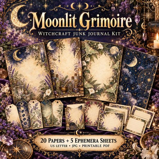 Moonlit Grimoire Witchcraft Junk Journal Kit - 20 Papers + 5 Ephemera Sheets