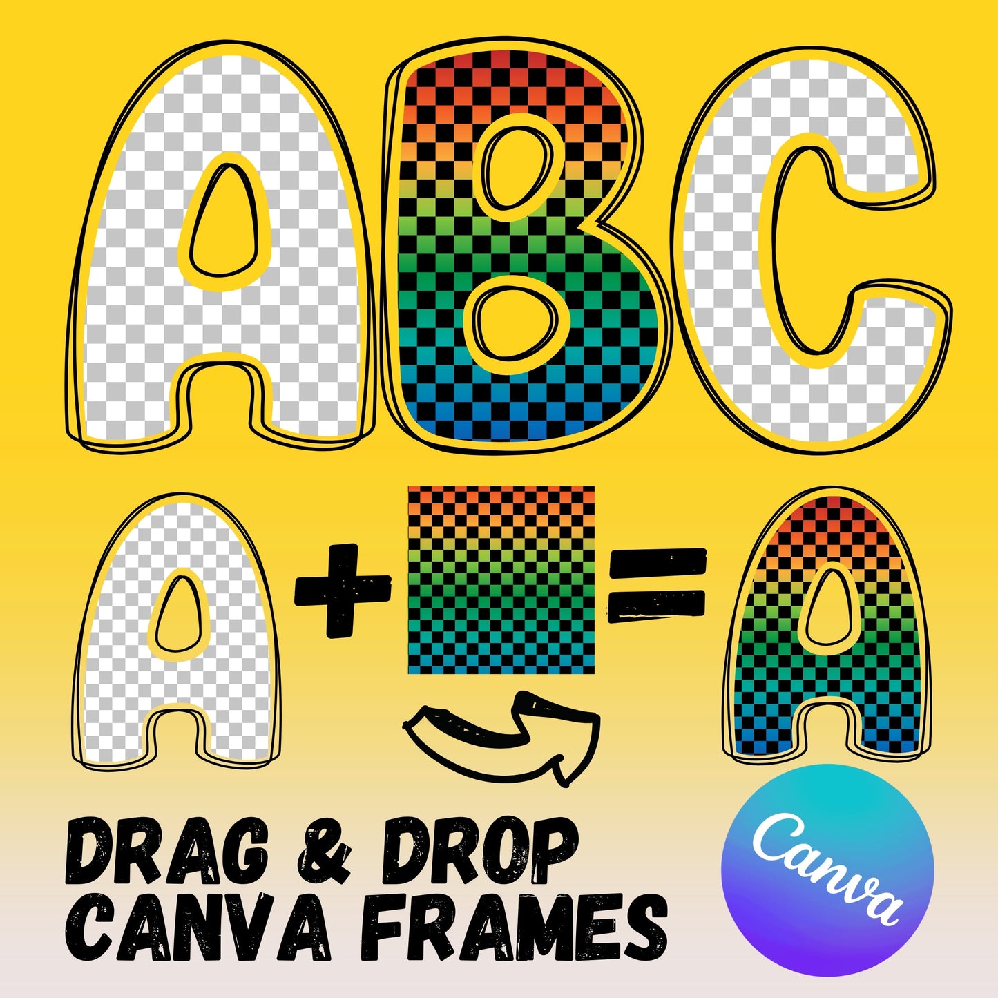CANVA Doodle Letters - Drag and Drop Frames - Groovy Retro Doodle Fillable Alphabet Font Letters PNG Canva Frame Alphaset Doodle Templates