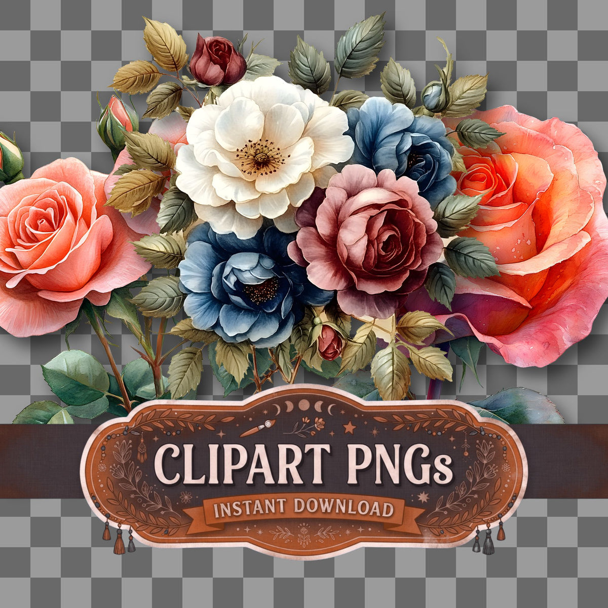 Faded Rose Bouquet floral clipart with transparent background, digital download cover