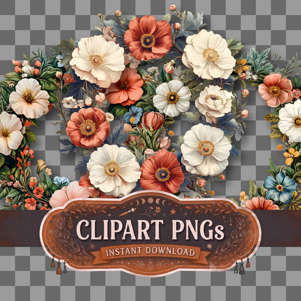 Floral Wreath Vintage Style clipart with transparent background, digital download cover