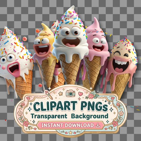 Funny Ice Cream Cones clipart with transparent background, digital download cover