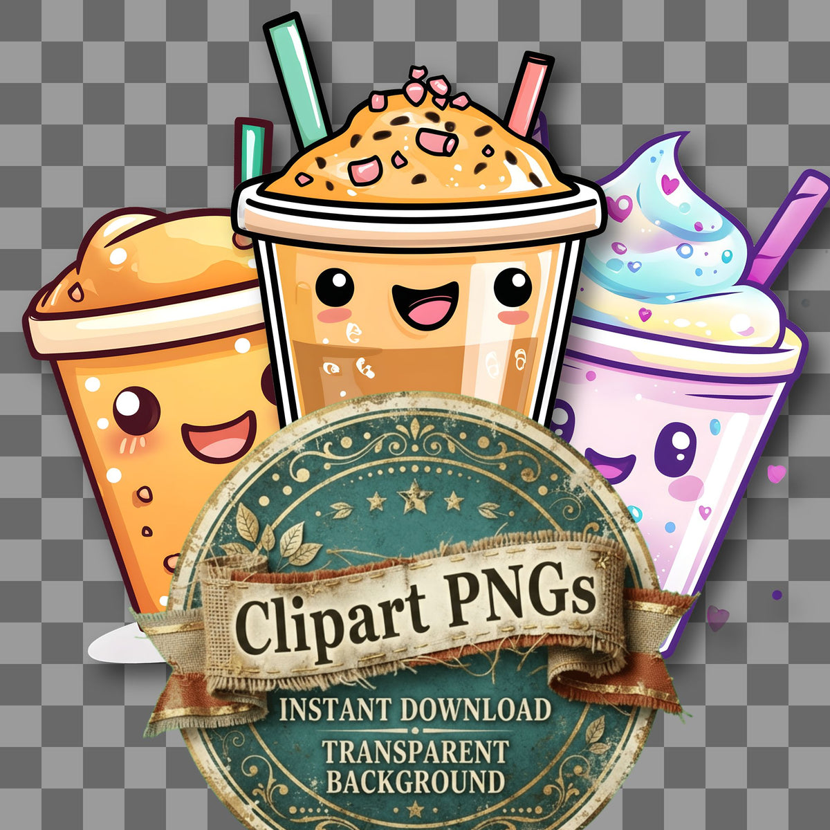 Iced Latte Kawaii Style Clipart Pngs