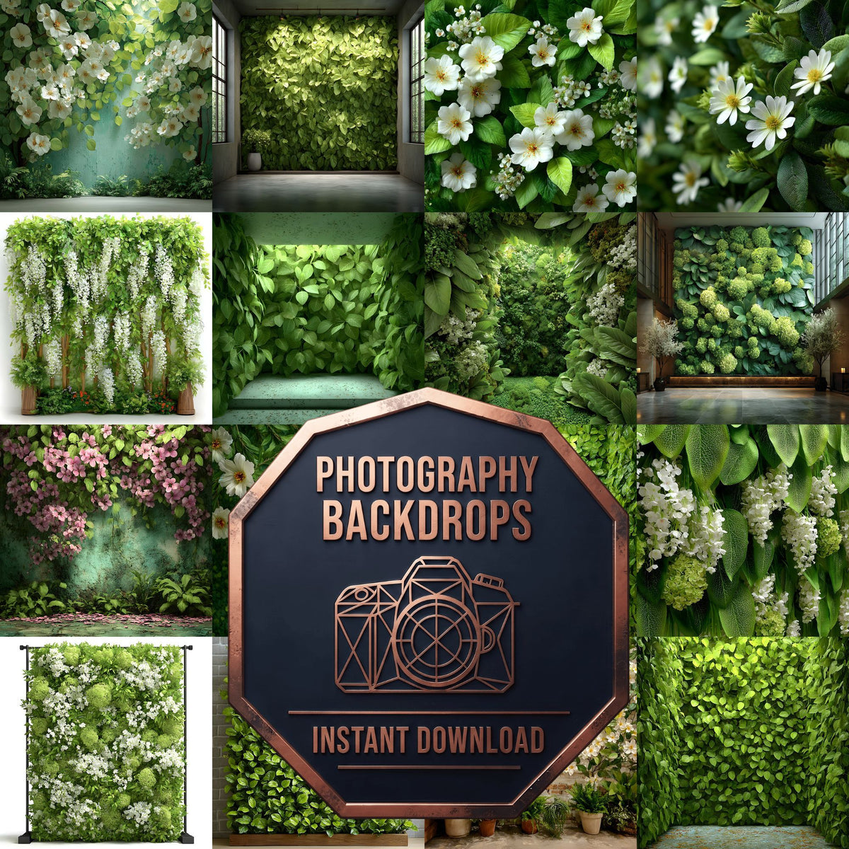 Leafy Green Flower Wall floral digital photography backdrops, preview of the downloadable set