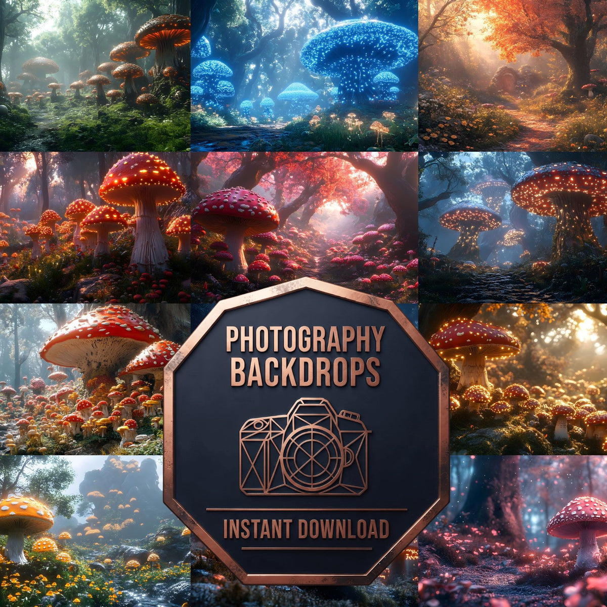 Magic Mushroom Forest cottagecore digital photography backdrops, preview of the downloadable set