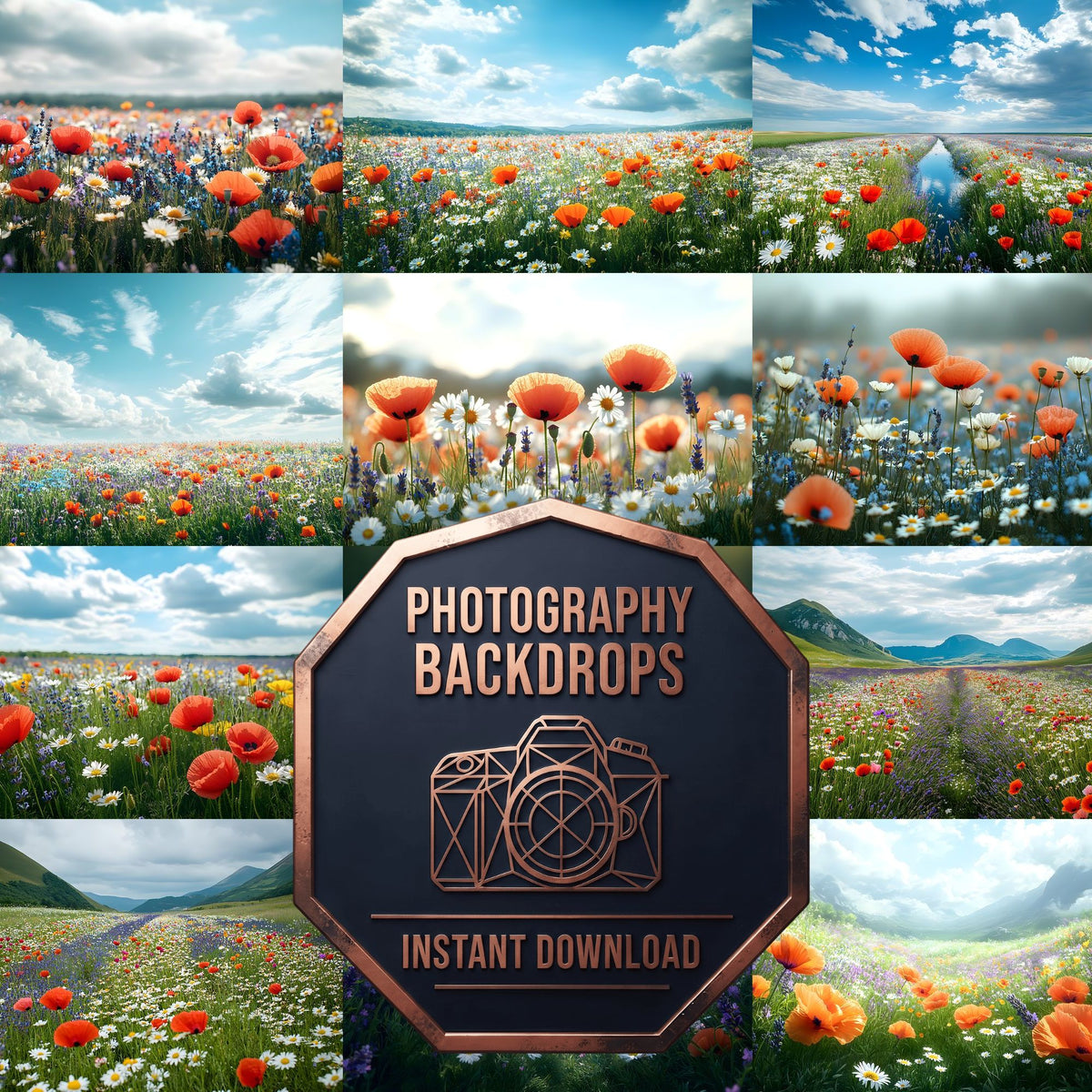 Meadow Bliss cottagecore digital photography backdrops, preview of the downloadable set