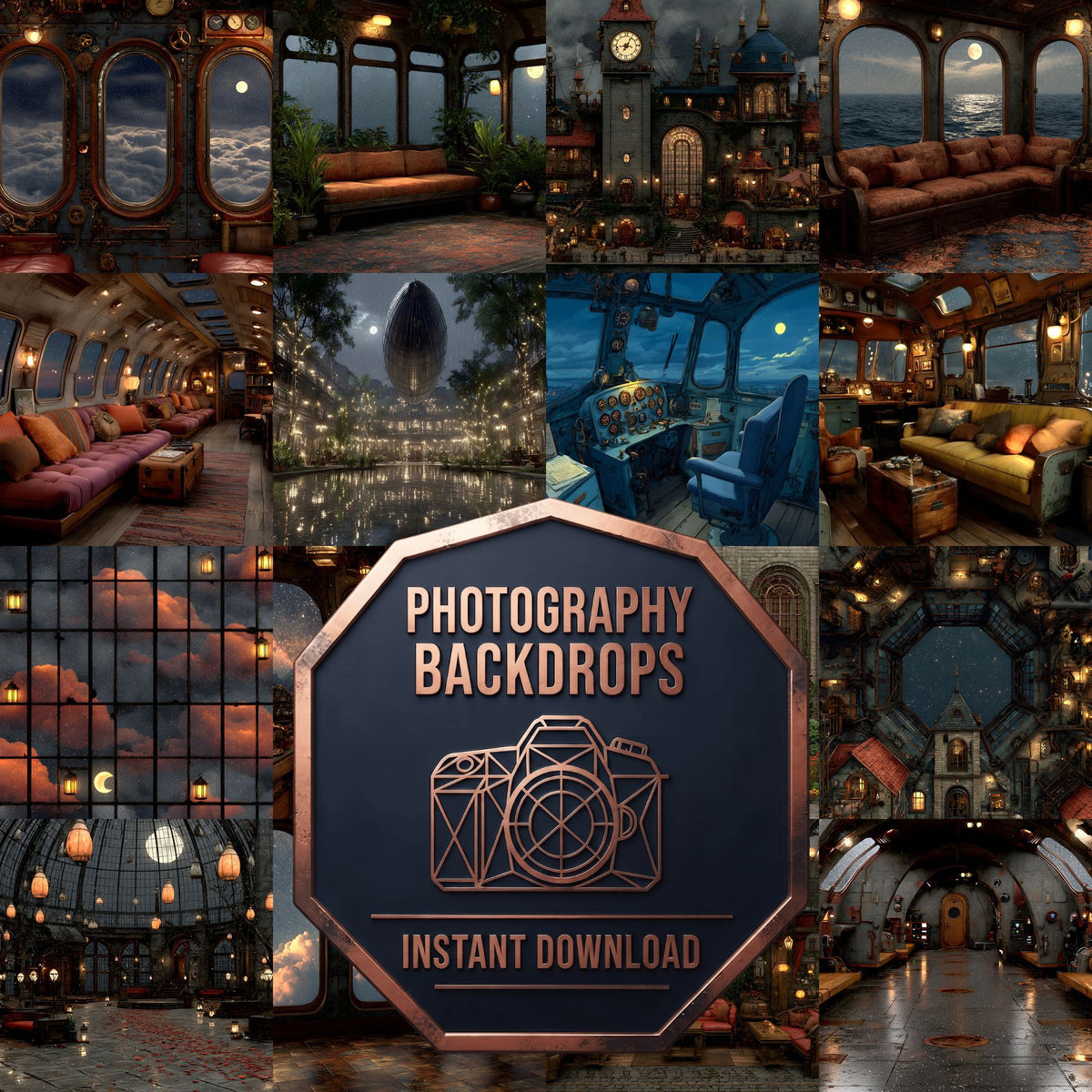 Midnight Starry Steampunk Scene celestial digital photography backdrops, preview of the downloadable set