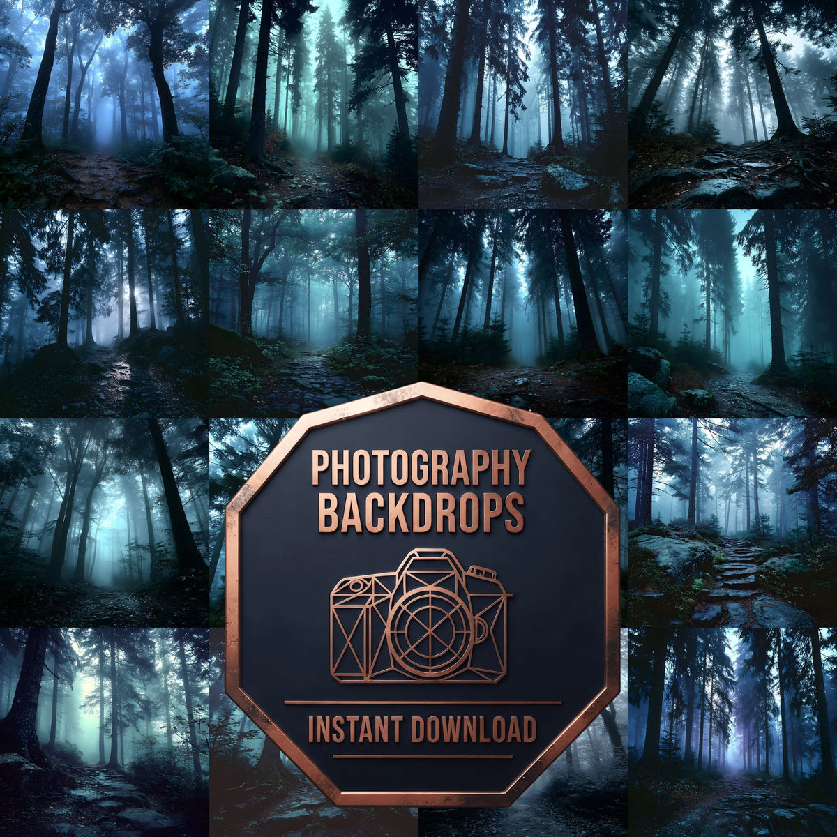 Misty Forest digital photography backdrops, preview of the downloadable set