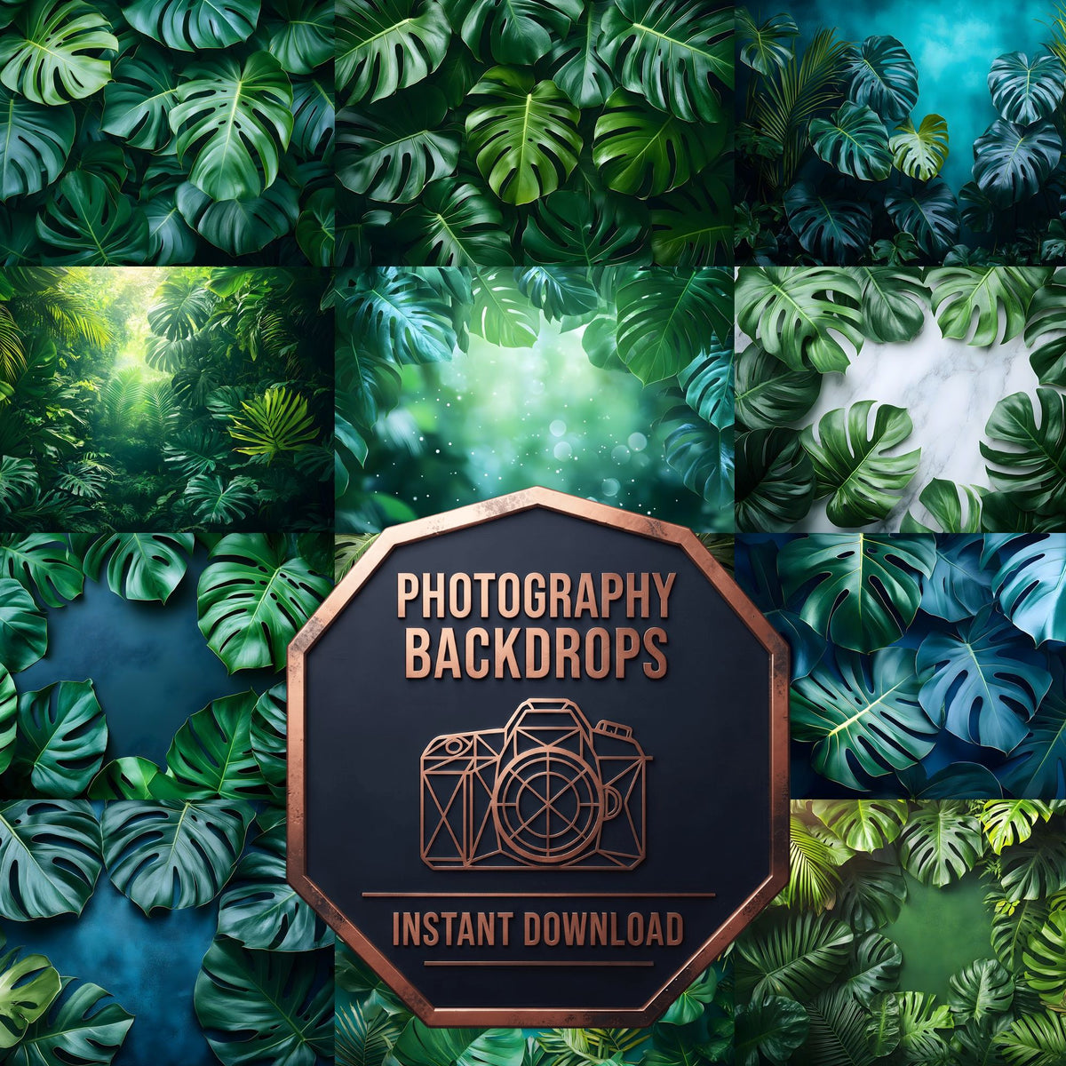 Monstera Leaves Tropical Paradise Summer digital photography backdrops, preview of the downloadable set