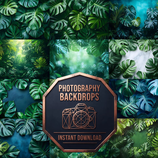Monstera Leaves Tropical Paradise Summer digital photography backdrops, preview of the downloadable set