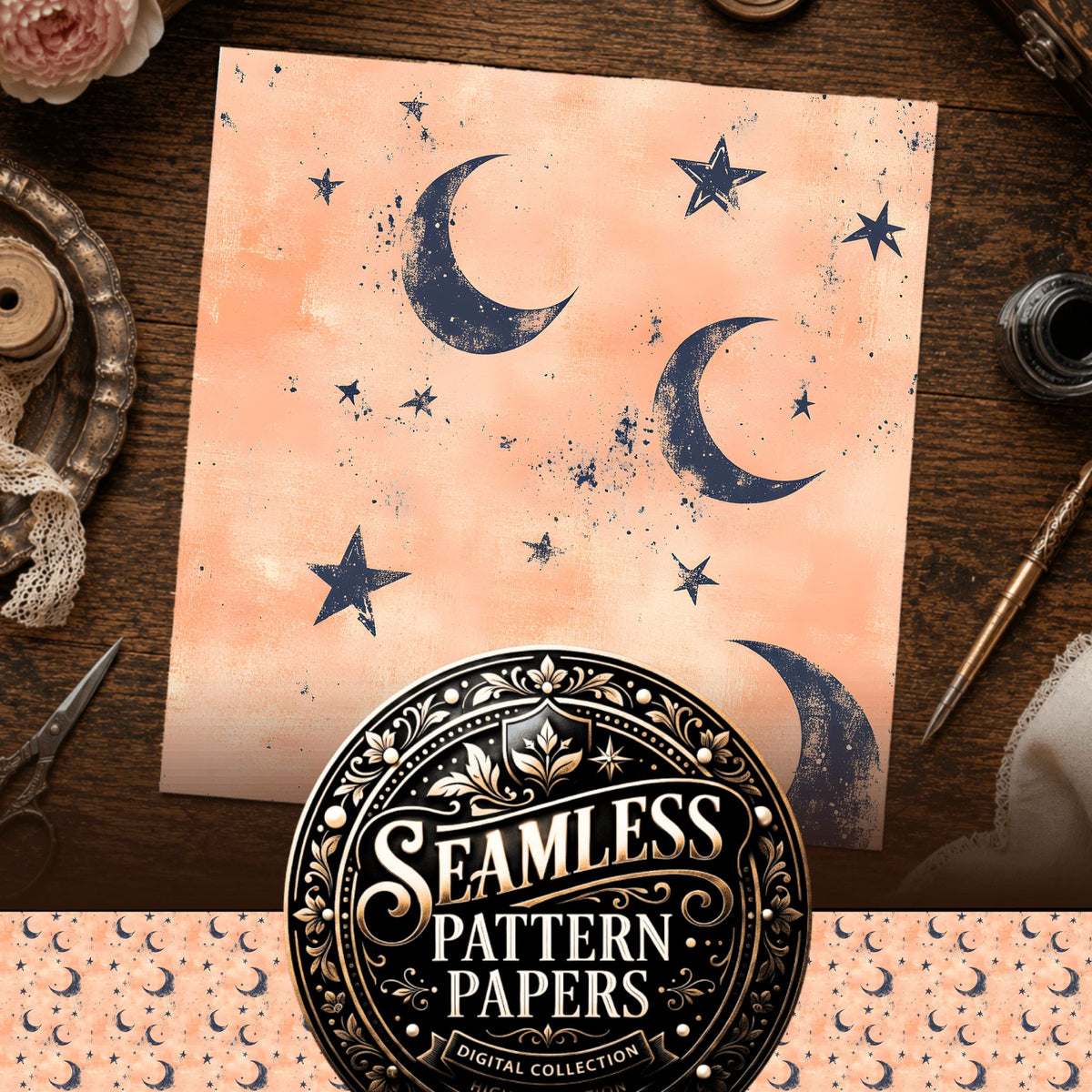 Moon celestial seamless pattern digital papers, cover preview
