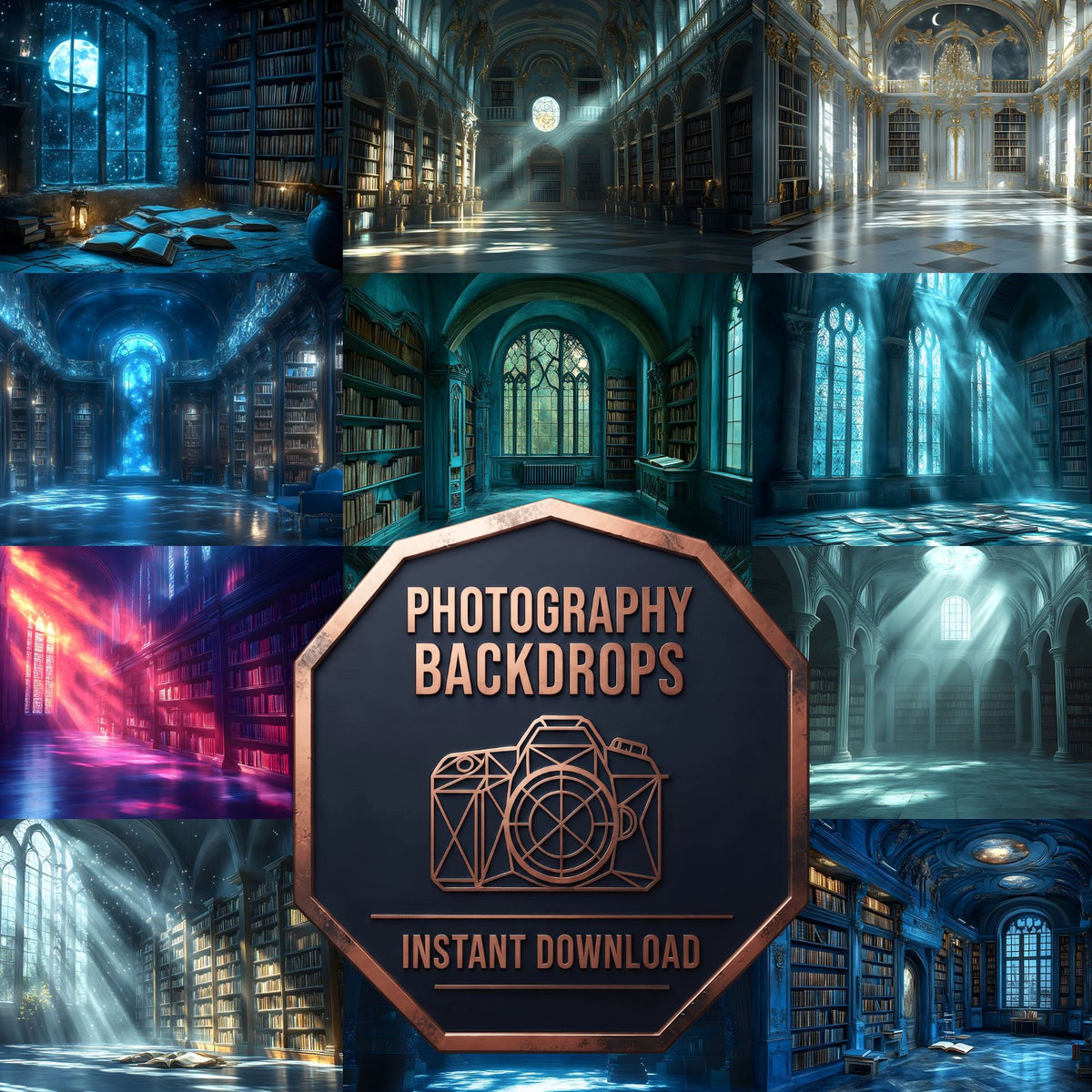 Moonlit Library Backdrop Images
