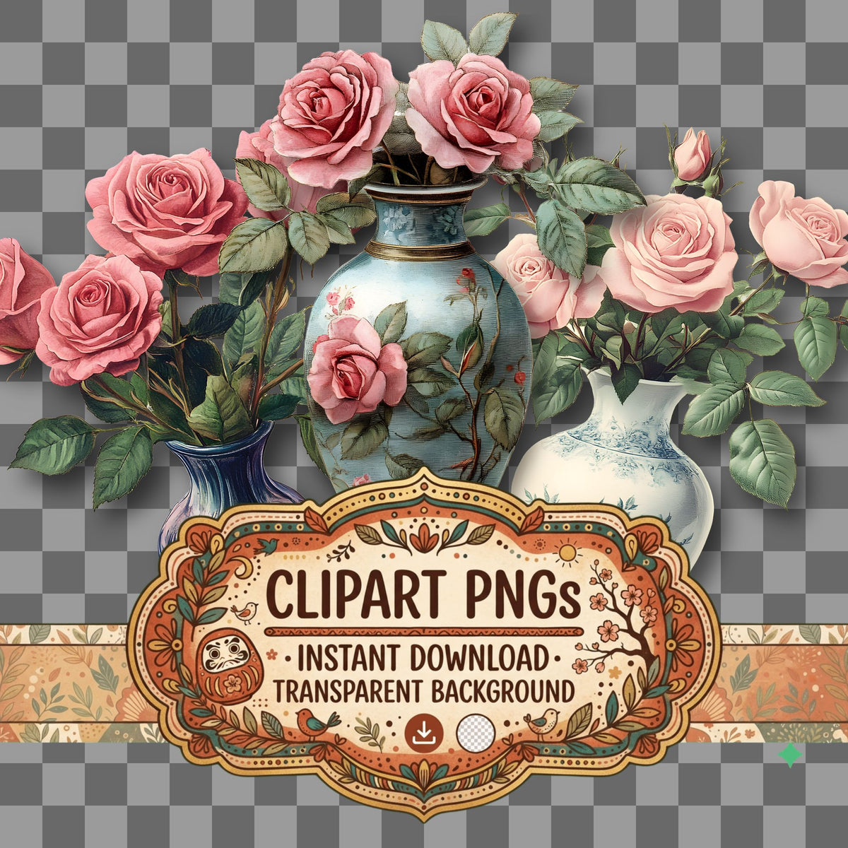 Pink Roses Vintage Style clipart with transparent background, digital download cover