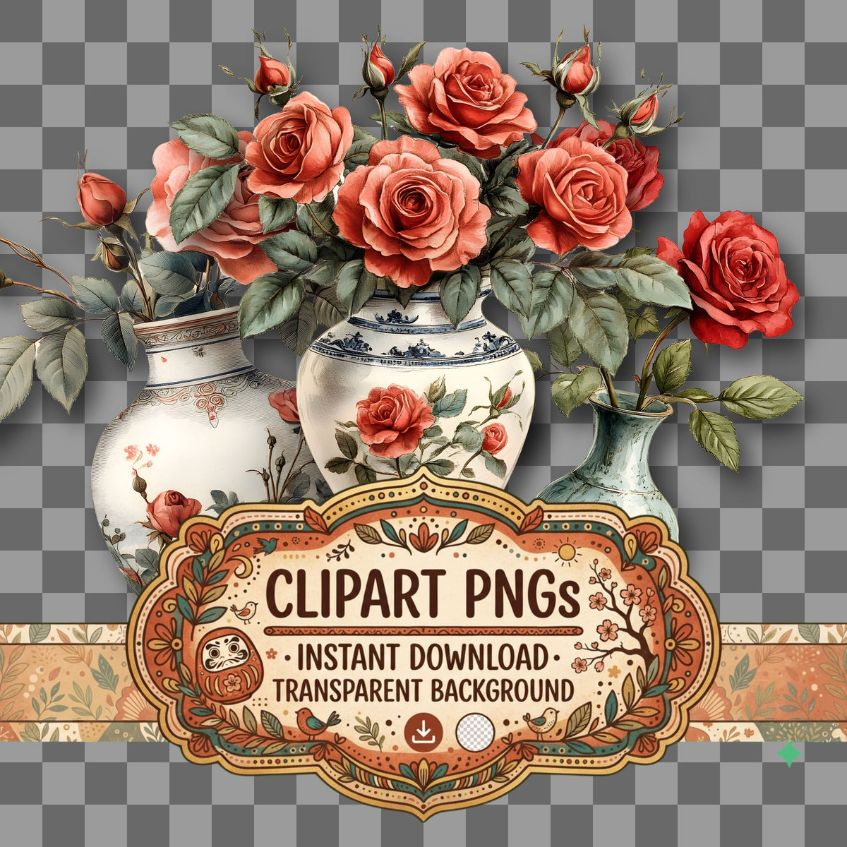 Red Roses Vintage Style clipart with transparent background, digital download cover