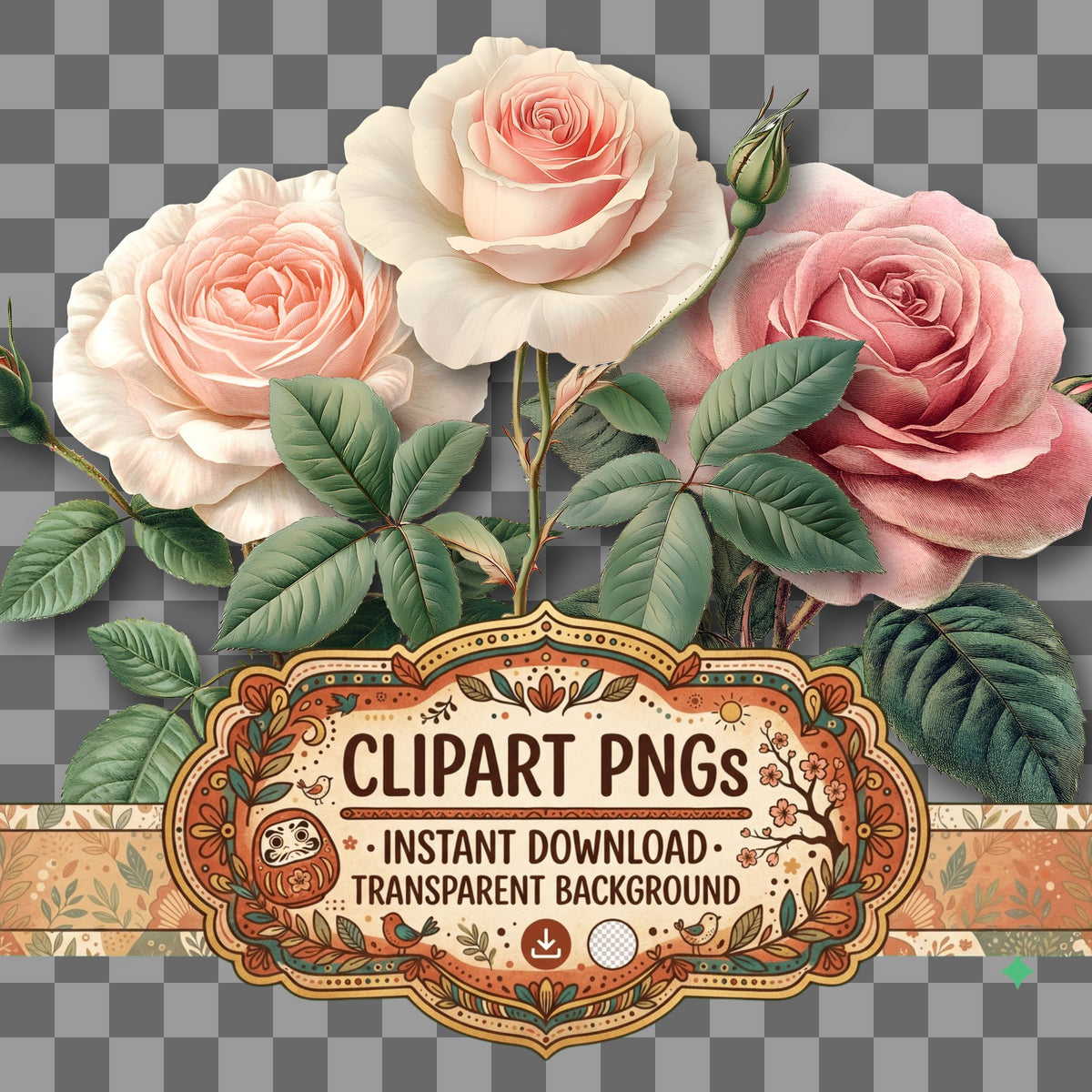 Rose Vintage Style clipart with transparent background, digital download cover