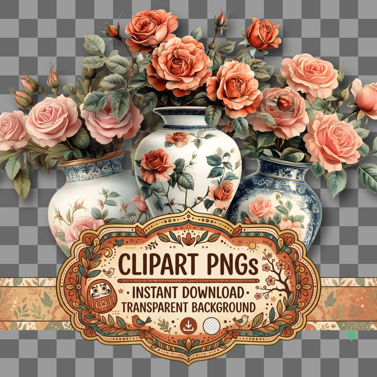 Roses Vintage Style clipart with transparent background, digital download cover