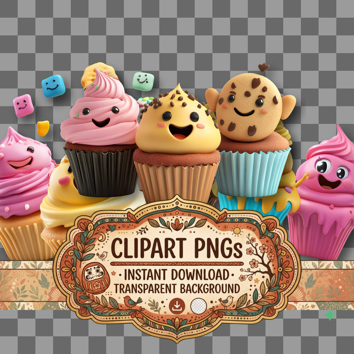 Smiling Cupcakes clipart with transparent background, digital download cover