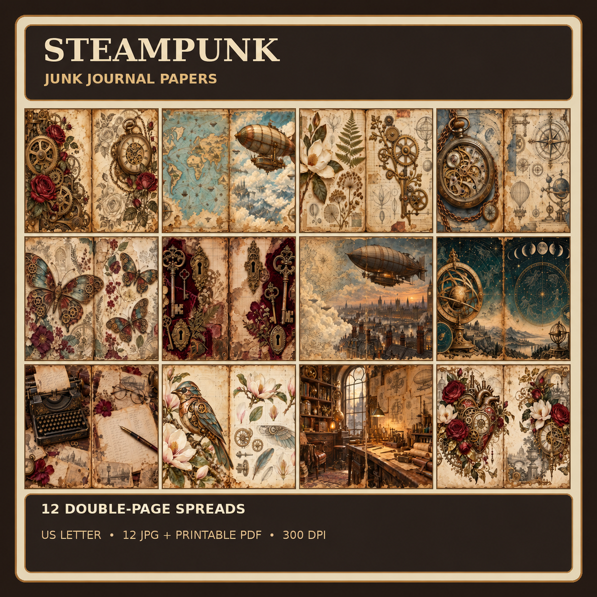 Steampunk junk journal papers cover, 12 double-page spreads