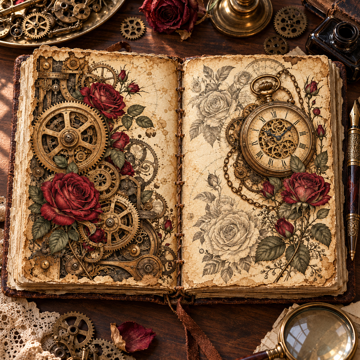 Photorealistic steampunk junk journal mockup showing printed spread