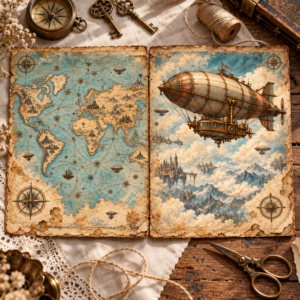 Photorealistic steampunk paper spread flat lay mockup